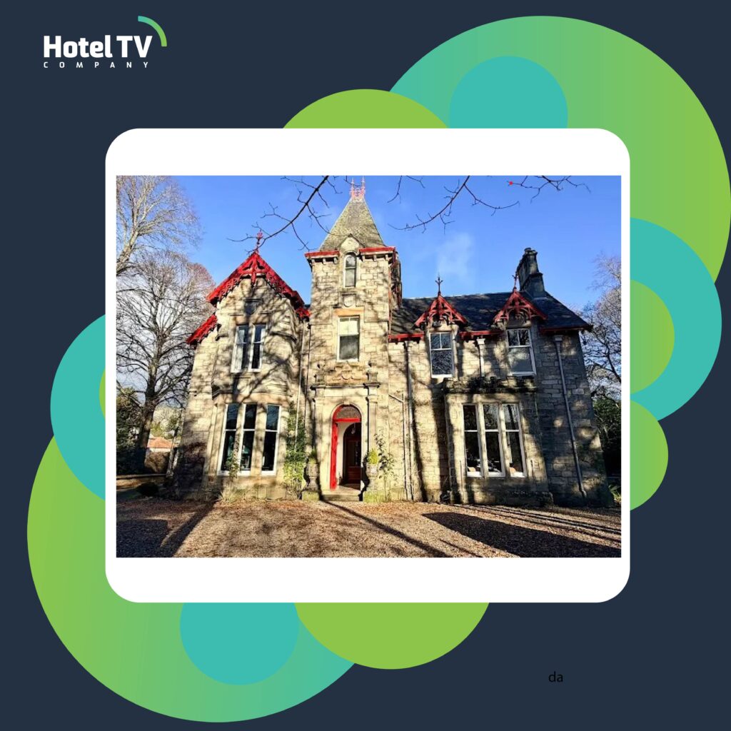 Building photograph layered over a green graphic design