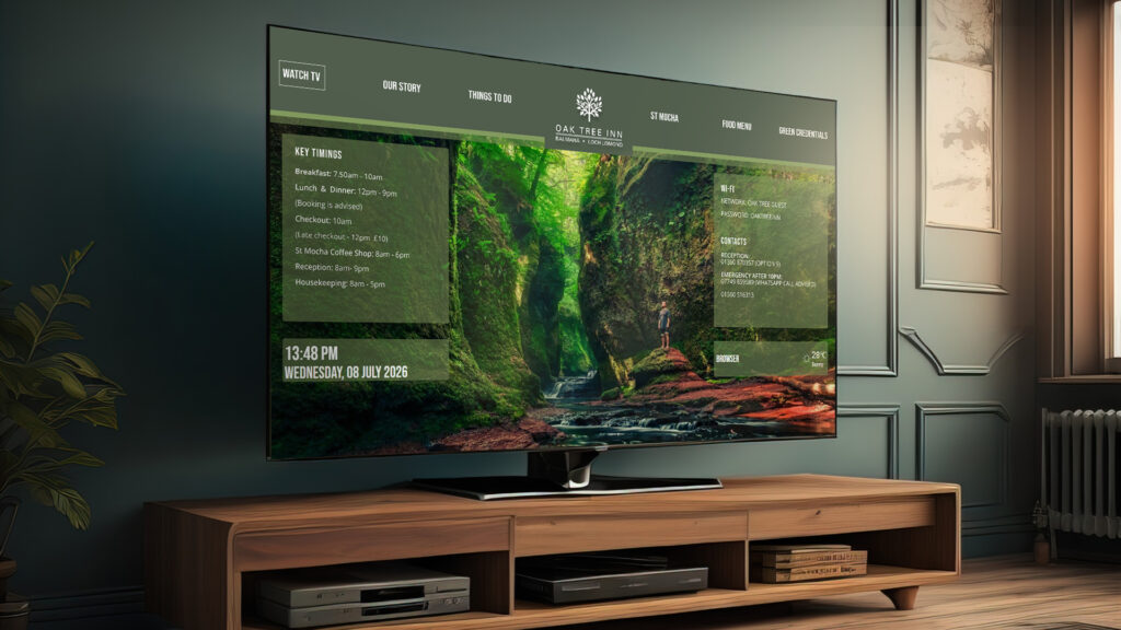 T TV display in dark green dimly lit roo,