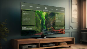T TV display in dark green dimly lit roo,